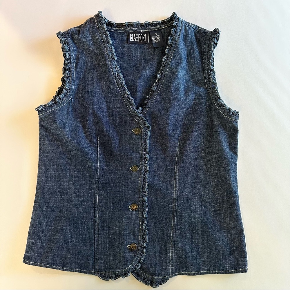 Vintage Blassport Denim Vest Ruffle Trim Size Small‎ Y2K Western Cottage Boho